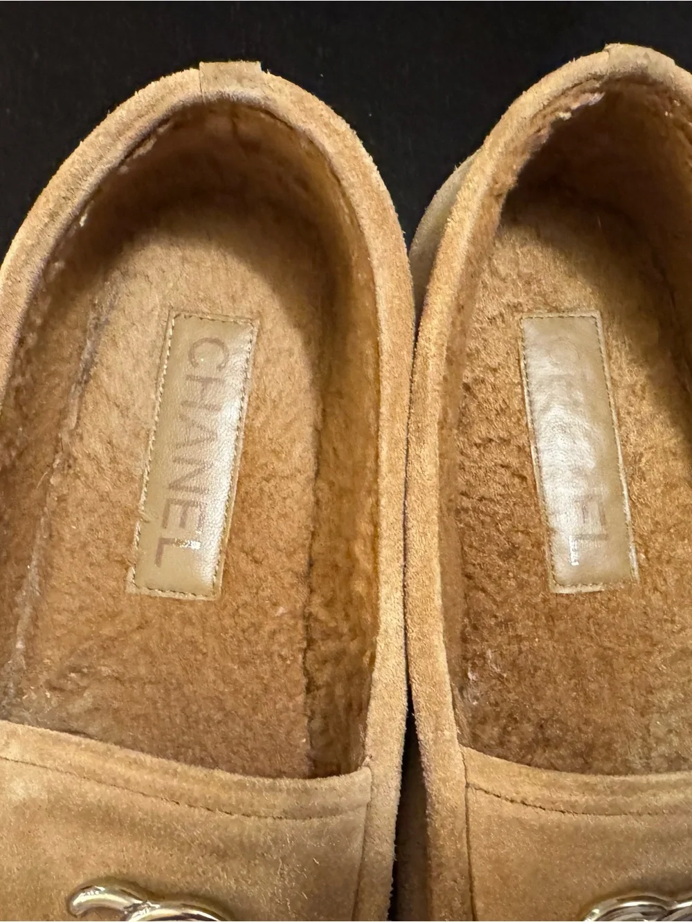 CHANEL Tan Suede Shearling-Lined Slip-On Loafers with CC Hardware